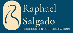 arte com um R estilizado, em azul, com fundo em bege, com o nome Raphael Salgado ao lado, em bege, e psicólogo clínico e organizacional, sobre um fundo azul