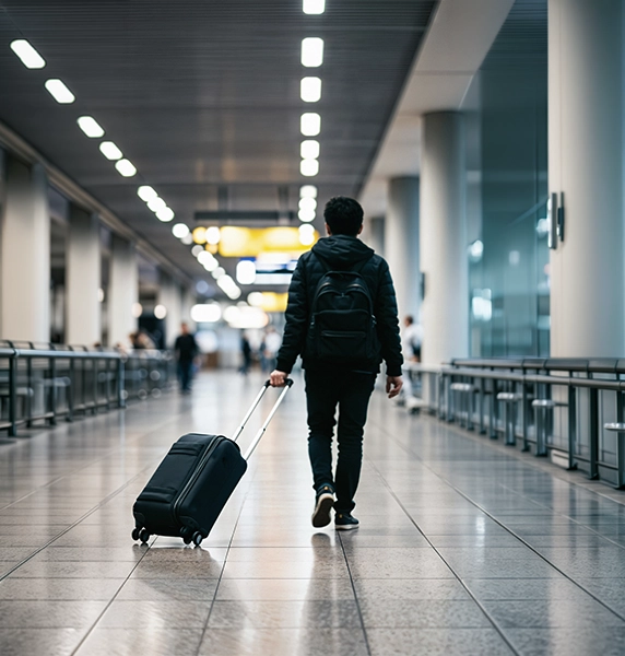 imagem de uma pessoa chegando no aeroporto, com sua mala de viagem
